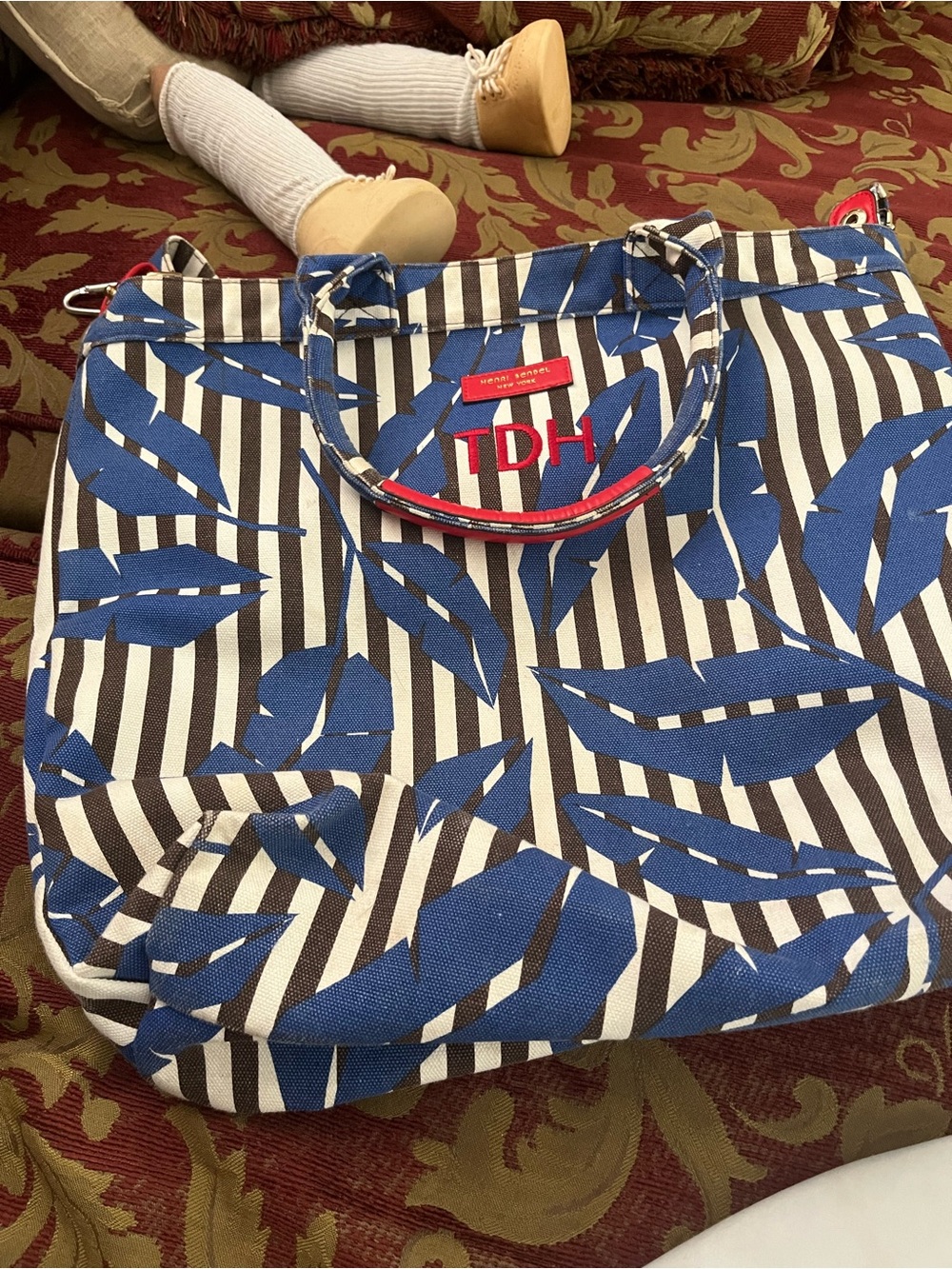 Blue Leaf Stripe Tote Bag by Unknown Brand - Canvas Shopper